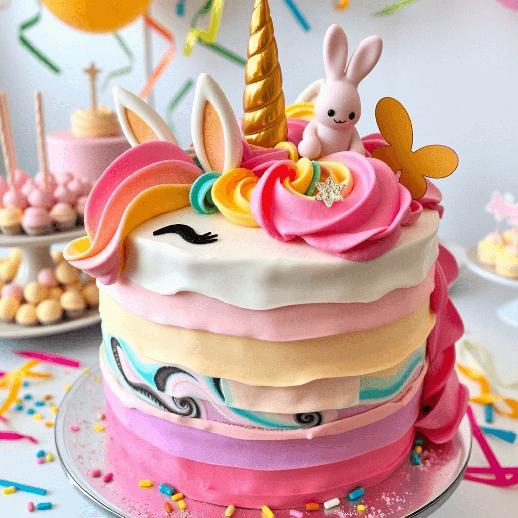 A variety of kid-friendly unicorn cakes featuring bright colors, playful designs, and fun decorations.