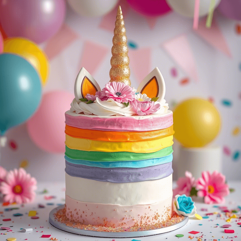  A collection of trendy and unique unicorn cakes featuring vibrant colors, creative designs, and elegant decorations.