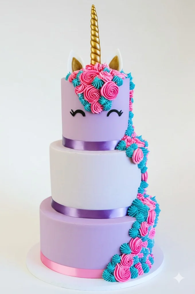 A beautifully decorated unicorn cake with a shimmering gold horn, pastel buttercream mane, and delicate floral accents.